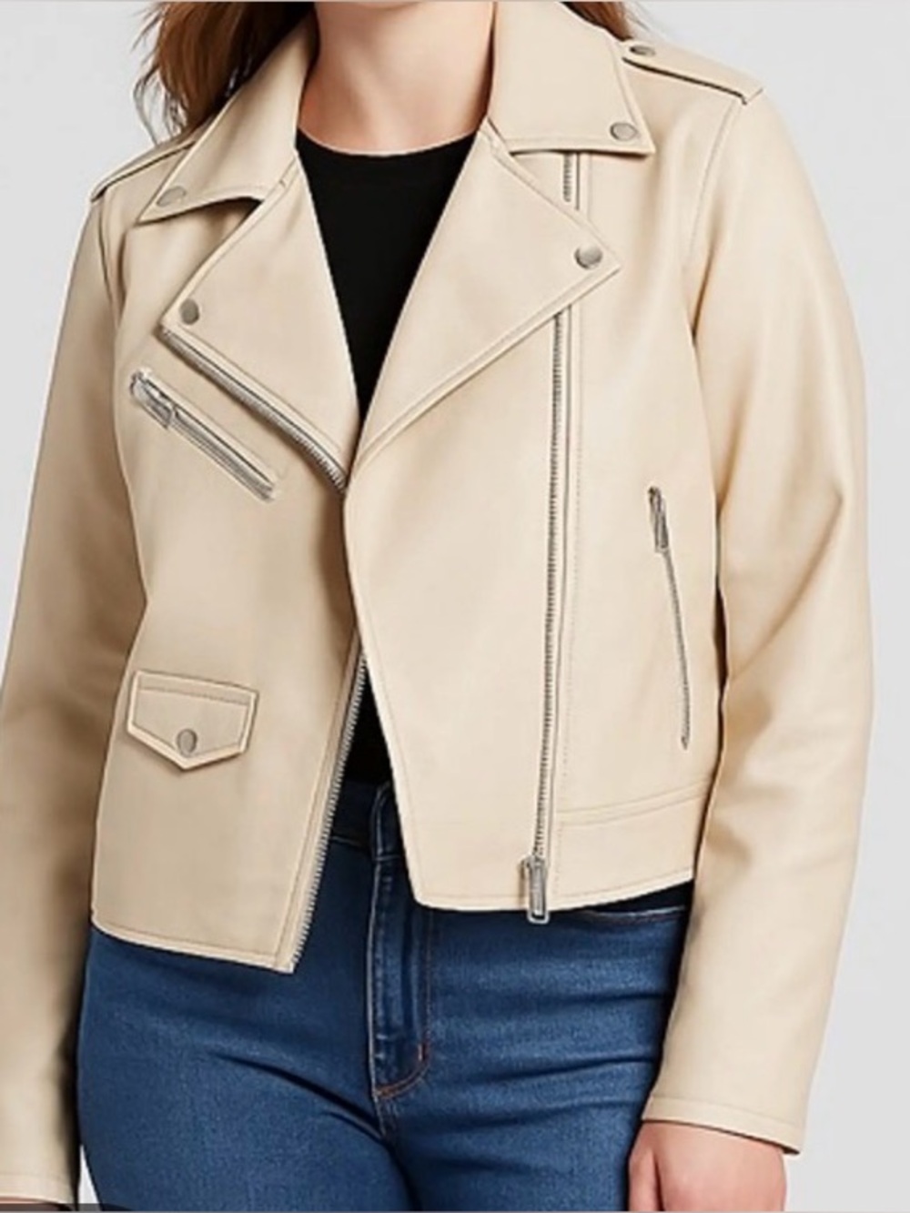 Nine West Cream Faux-Leather Moto Jacket